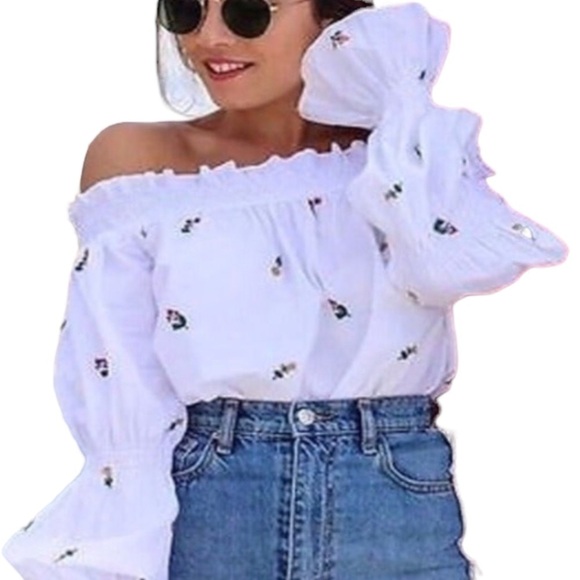 Zara Off the Shoulder White Floral Embroidered Long Ruffle Sleeve Boho Top - Picture 2 of 11